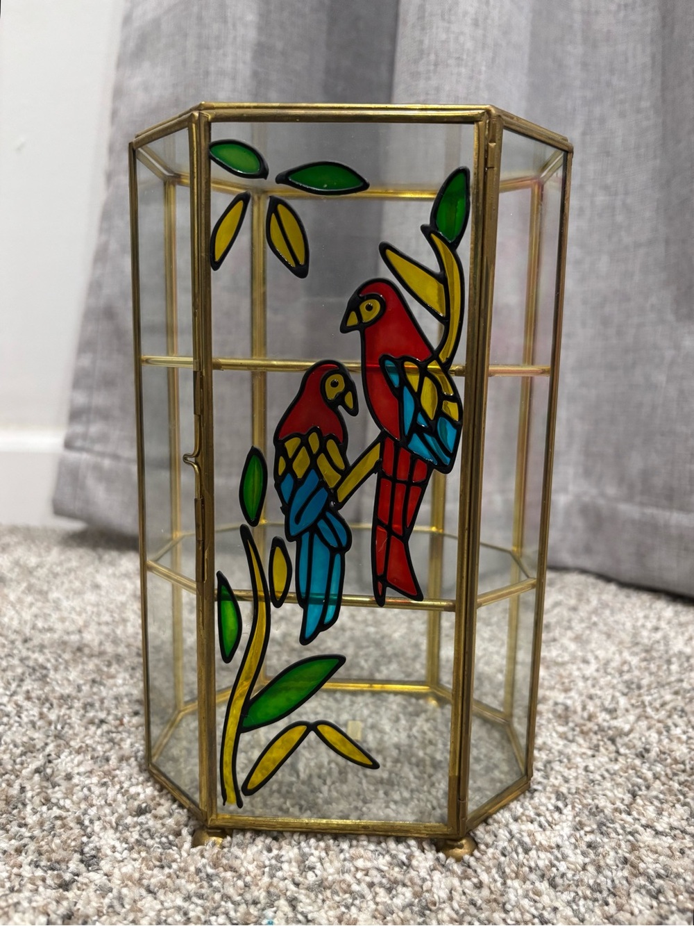 Vintage Brass Hexagonal Glass Curio Cabinet With Stained Glass Parrots